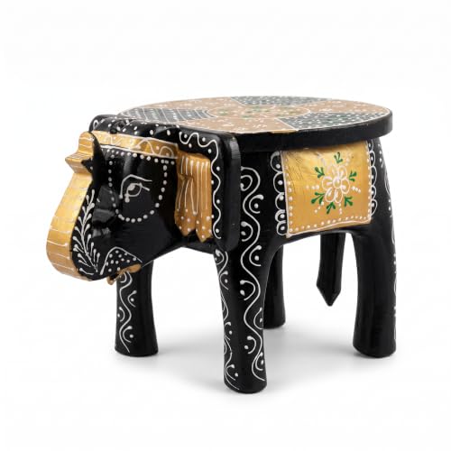 Image of JH Gallery Handcrafted & Hand-Painted Wooden Elephant Decorative Stool, Small Side Table for Living Room, Bedroom, Office & Home Decor, Multipurpose Accent Table (20 cm, 8 Inch)