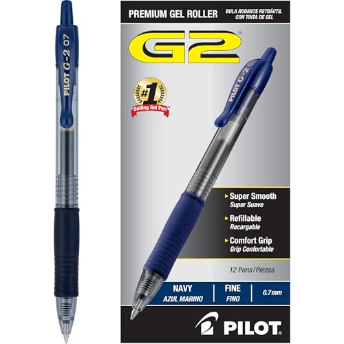 Pilot G2 Premium Gel Roller Pens, Fine Point 0.7 mm, Navy Ink Pens Fine Point, Pack of 12 - Ideal for School, Journaling, and Office Writing