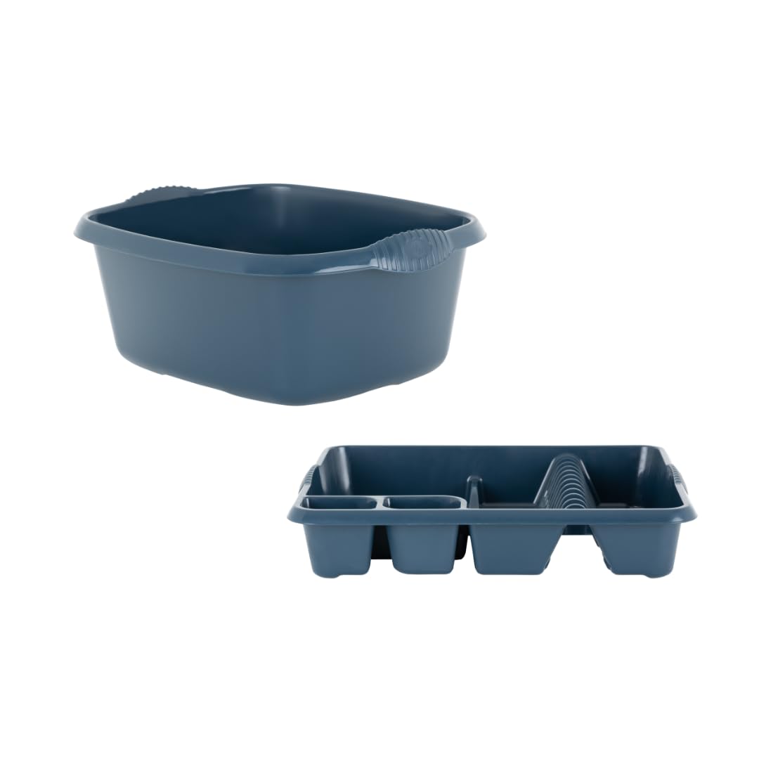 Aurora - Plastic Rectangular Washing Up Bowl & Large Dish Drainer Rack Plate Holder Kitchen Sink Set of 2 (Navy)