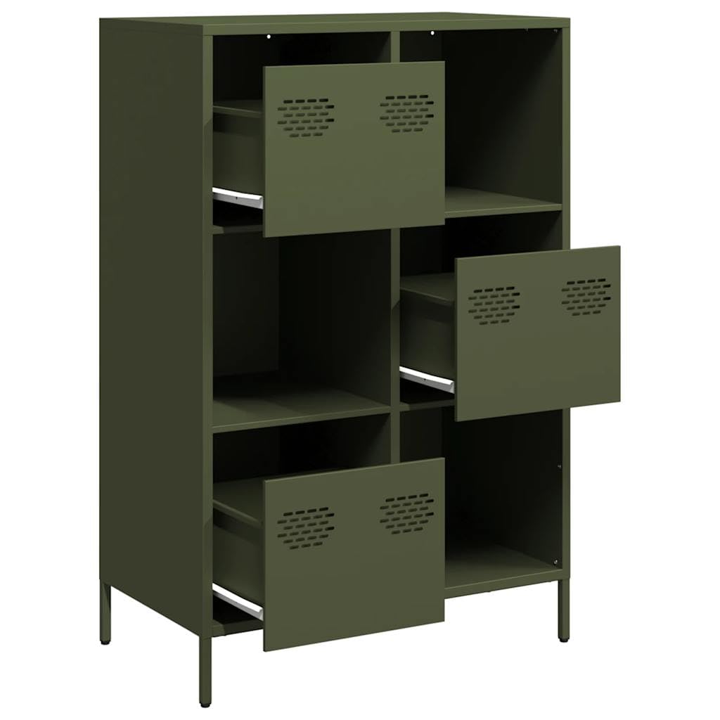 Wysoka komoda w kolorze oliwkowo-zielonym, ze stali walcowanej na zimno, 68 x 39 x 103,5 cm, z 3 szufladami i 3 przegródkami, uniwersalny kredens do salonu, kuchni i biura, łatwa w utrzymaniu