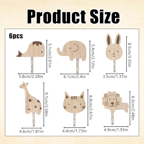 6 Stück Kleiderhaken Kinder, Süße Tier Garderobenhaken, Selbstklebende Wandhaken Für Kinderzimmer, Badezimmer Und Küche, Natürliches Buchenholz Mit Elefant, Wal, Katze, Löwe, Kaninchen Und Giraffe