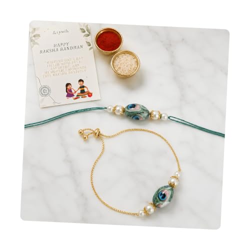 Image of I Jewels Pearl Bhaiya Bhabhi Lumba Rakhi Bracelet Combo Set With Roli Chawal & Rakshabandhan Greeting Card