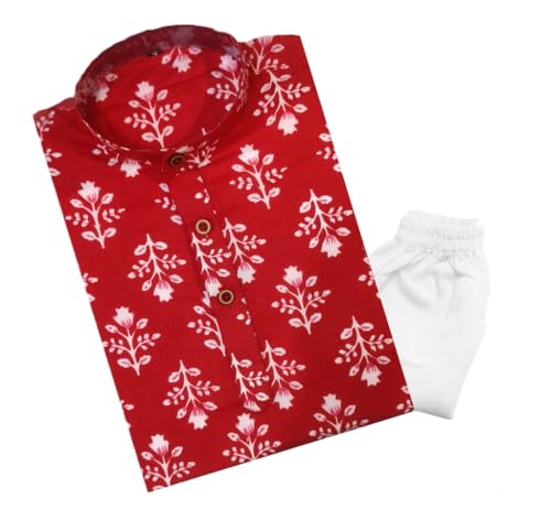 Image of TinySteps Boys Cotton Kurta Pajama | Traditional Ethnic Wear Pure Cotton Printed Kurta With Elastic Waist White Pajama