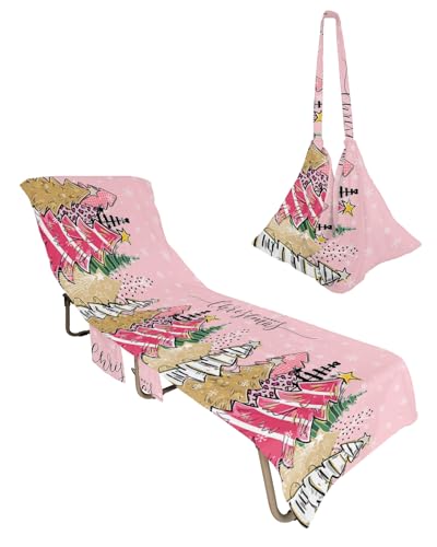 Christmas Tree Pink Beach Chair Towel Covers for Chaise Lounge with Side Pocket, Soft Plush Pool Towels Cover for Patio Sunbathing Outdoor 29''x85'' Snowflake Plaid Boho Dot