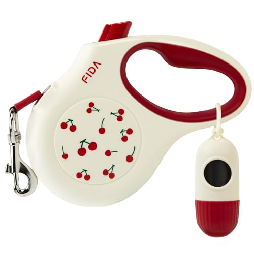Fida Retractable Dog Leash with Dispenser and Poop Bags, 16 ft Pet Walking Leash for Small Dog or Cat up to 26 lbs, Anti-Slip Soft Handle, Tangle Free, Reflective Nylon Tape (S, Cherry) by Fida - Used condition - US$19.94
