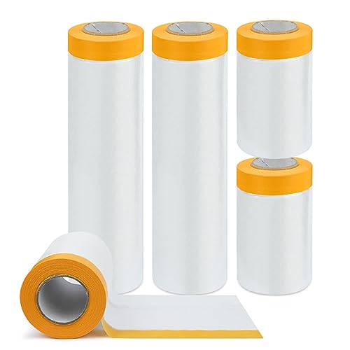 4 Rollos de Film de Enmascarar con Cinta (270cm+55cm), Film de Plástico para Pintura, Film de Enmascarar Precintado para Automoción Pintura Cubrir