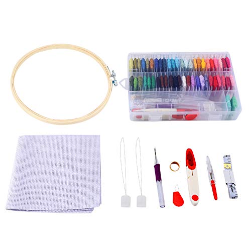 Yinuoday Embroidery Starter Kit with 50 Color Threads, Cross Stitch Tool Needlepoint Kits with Sewing Pins, Aida Cloth, Hoops Full Range of Hand Embroidery Kit for Kids Adults Beginners