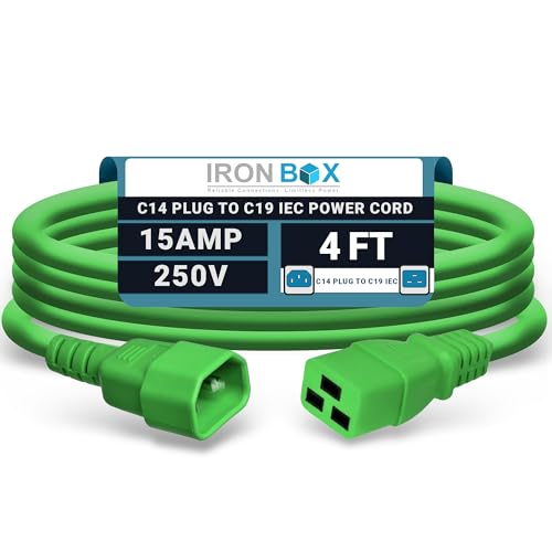 Image of IronBox Electric - Heavy-Duty C14 to C19 Power Cord, 15A, 250V, 14 /3 SJT - IEC60320 PC Cable for Computer Extensions, Monitor, PSU - C14 Male to C19 Female Connector Power Cable - (Green 4 Foot)