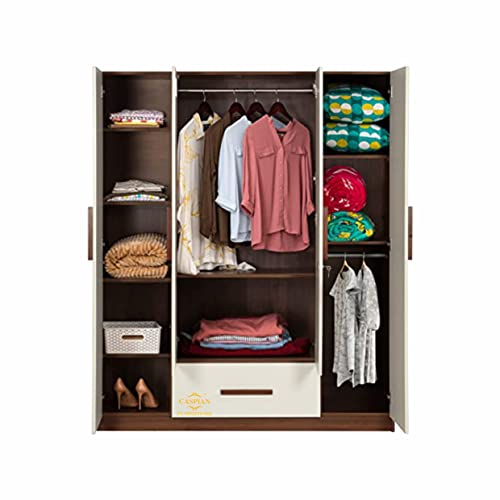 Image of CASPIAN Engineered Wood 4 Door Wardrobe (White & Brown) | Furniture with Dressing Mirror & Hanging Spaces | Cupboard /Almirah for Bedroom Clothes Storage Organizer | with Drawer & 8 Shelves