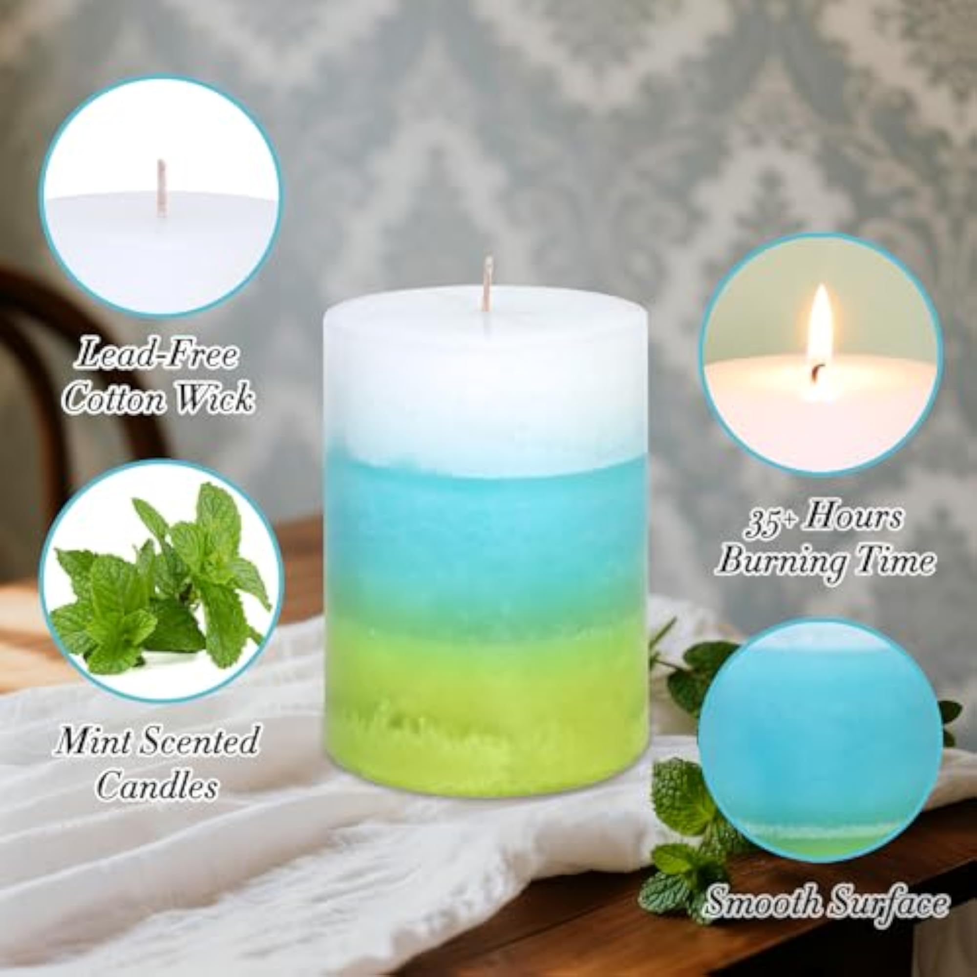 Mint Scented Pillar Candles, 3 x 4 Inch, Smokeless & Dripless