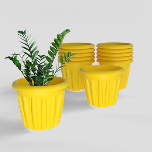 Image of YUCCABE ITALIA SHERA Floot 10 Inch Plastic Flower Pot 12 Piece Set of Round Shape Planter for Home Garden Seedling Planter for pots (Yellow)