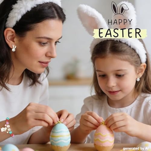 Easter Jewelry for Women Easter Bunny Stretch Bracelet with Card Rabbit Pearl Stud Earrings Cute Egg Basket Fillers Accessories Gifts - Image 3