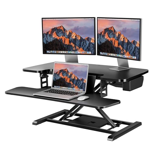 SANODESK 35" Electric Standing Desk Converter,Height Adjustable Riser for Office Home, Monitor and Laptop Workstation with Large Keyboard Tray, Black Color