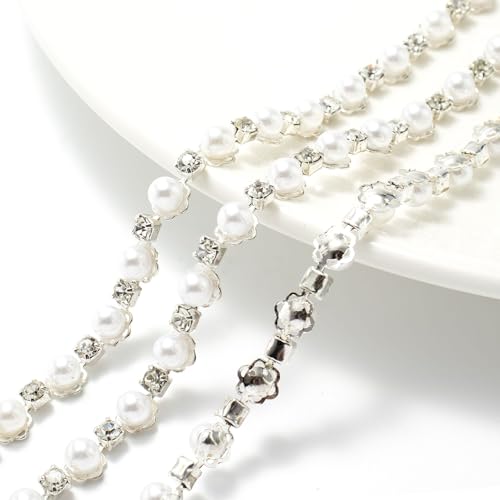GorinsKani 1.7Meters 0.3'' Wide Pearl Rhinestone Trim Fringe Ribbon Tassel Chain Rule Diamond Crystal Beaded Fringe Belt for DIY Sewing Clothing Craft Wedding Decoration (Silvery White)