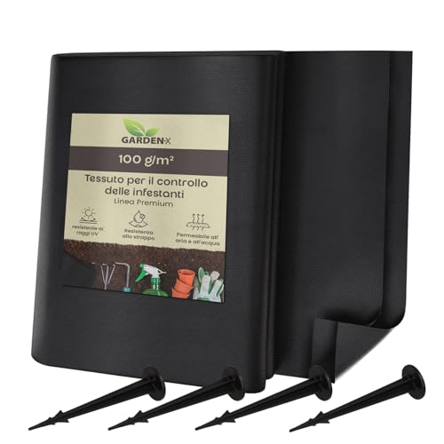 GARDENIX Tessuto Non Tessuto per Erbacce con 100 Ancore, 1 m x 5 m, permeabile all'Acqua 100 g/m², Colore Nero, Resistente ai Raggi UV, per aiuole Rialzate, Pellicola Protettiva per Piante