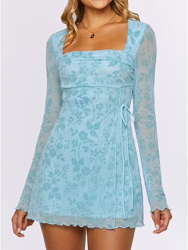 Image of Caracilia Womens Sexy Mesh Ruched Mini Dresses Long Sleeve Square Neck Tie Fall Club Party Cocktail Short Dress 2026 Fashion