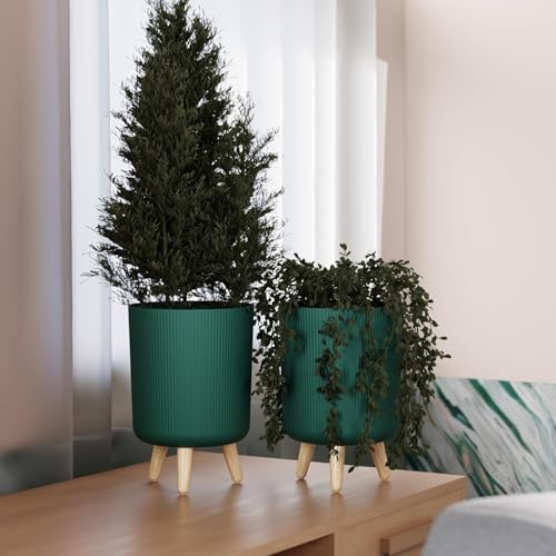 Image of LEAWALL Modern White Flower Pot with Stand | Large Indoor Outdoor Planter for Home Garden Balcony Living Room | Italian Ribbed Design Tall Decorative Plastic Plant Pots with Legs (Green, 2)