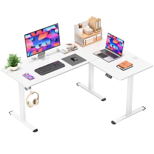 Image of Furmax 63 x 48 Inch L Shaped Standing Desk with 2 Preset Heights, Electric Height Adjustable Computer Table, 2 Hooks & Feet Balance, Corner Sit Stand Desk for Home Office (White, 63 x 48 Inch)