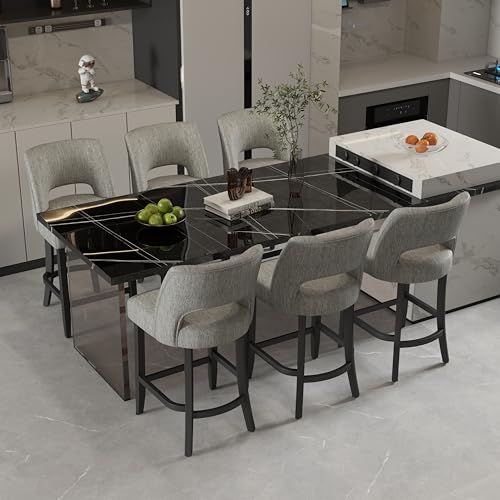 Image of VKNOW Bar Stools Set of 6, 26 inch Upholstered Counter Height Bar Stools | Modern Counter Stools with Black Rubberwood Legs for Kitchen Island Dining Room Bar, Light Grey-Black Legs