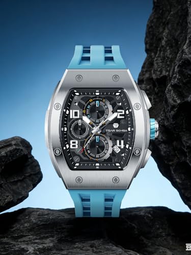 Image of TSAR BOMBA Mens Luxury Watch Watches for Men 50M Waterproof Japanese Quartz Movement Tonneau Stainless Steel Case Sapphire Glass with Chronograph Date Function Cool Unique Fashion Gift