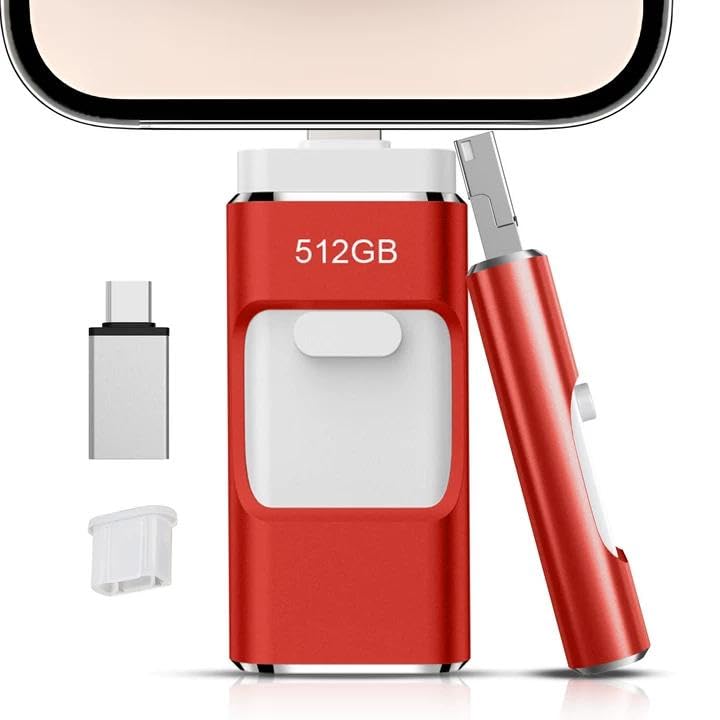 Image of 512GB Flash Drive[No App Required] Intended for Phone Tablet Androidphone and Computers, 4 in 1 Photo Stick for Phone Memory Storage Easily Backup Photos Videos（red）