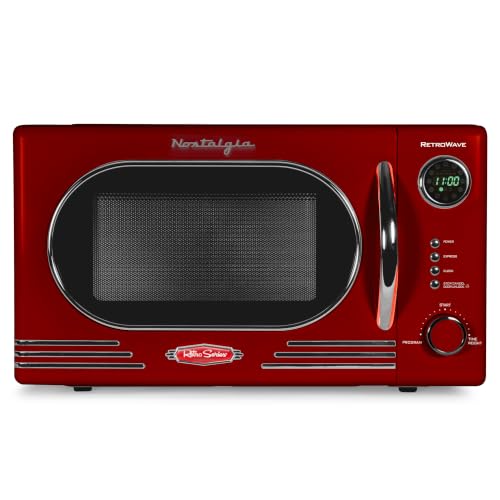 Image of Nostalgia NRMO11RR6A 1000 Watt Power Retro Countertop Microwave Oven Easy to Clean with Removable Glass Turntable-Child Safety Lock-12 Programs-Digital Clock, 1.1 Cu Ft, Red