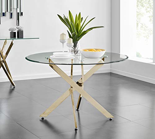 Moderna mesa de comedor redonda de metal con parte superior de cristal transparente, elegante mesa grande para 4-6 personas, perfecta para comedores y elegantes sillas Milan D