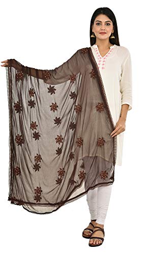 Image of YOUTHQUAKE Flower Embroidered Diamond Work Chiffon Dupatta for Womens & Girls With 4 Side Lace