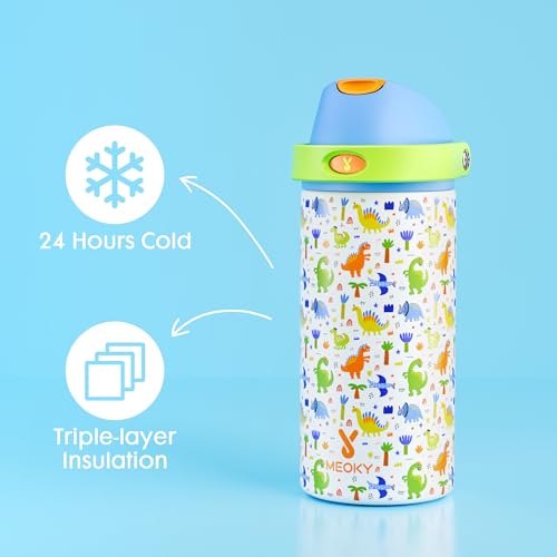 Image of Meoky 2 Pack 18 oz Insulated Stainledss Steel Water Bottles for Boys Girls | 2-in-1 Straw and Spout Lid, Leak Proof, Fits in Car Cup Holder, BPA-Free for School Gym Travel, Dinosaur Party & Pink Bows