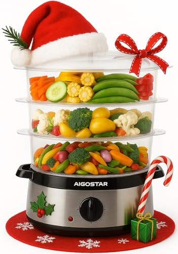 Aigostar Fitfoodie - Vaporiera Elettrica in Acciaio Inox, con Timer, 9 L Vaporiera, 3 Cestini, 800W, BPA Free Fornetti a Vapore