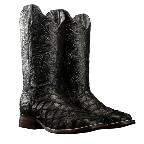 Rodeo Cartie Men's Genuine Exotic Pirarucu Monster Fish Skin Square Toe Boots - Black