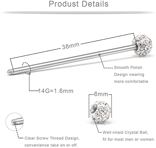 Incaton 14G Industrial Barbell Surgical Steel Cartilage Earrings Cz Industrial Earring Crystal Ferido Industrail Piercing 1 1/2"(38Mm) Bar Length #TOP2