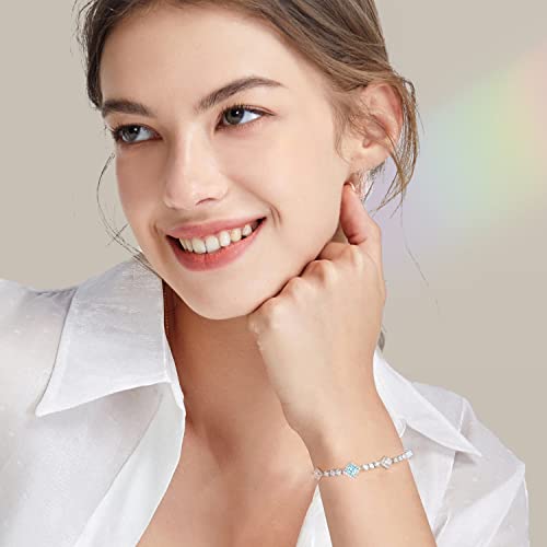 Fancime Sterling Silver Aquamarine Cz Tennis Bracelet Classic Simulated Diamond Bracelet March Birthstone Square Gemstone Bracelet Dainty Anniversary Birthday Fine Jewelry Gifts For Women 7.2" #TOP5