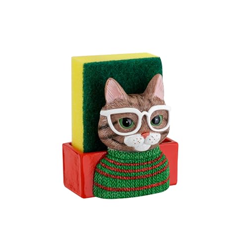 Baroni Home Porte-éponge de cuisine, porte-éponge pour évier de cuisine, éponge à vaisselle incluse, chat avec lunettes, 9 x 6 x 12 cm