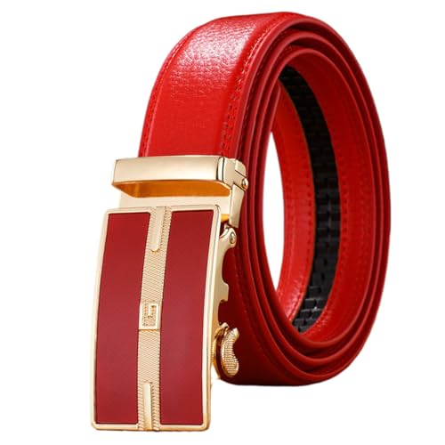 Mens Ratchet Belt, Adjustable Cowhide Belt for Men with Gold Pattern Alloy Decorative Automatic Buckle,Red a,130CM/51.2''