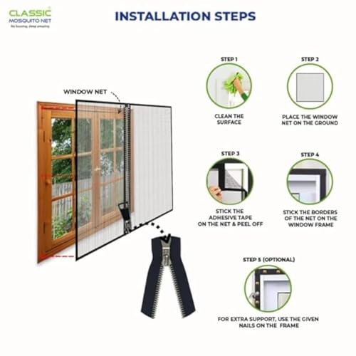 Image of Classic Mosquito Net for Windows with Zipper | 200X100 cm | 120 GSM Fiberglass Mesh |Pre Stitched Window Net for Home | Self Adhesive Hook All Loop Easy Install | Protection from All Insects |Black