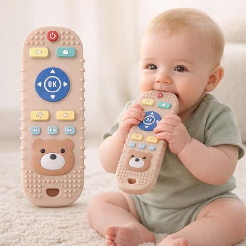 Image of BabyGo Remote Teether for Babies| Helps Biting Skills Development, Colour & Shape Recognition| Baby Remote Teething Toy for 3+ Months (6-12 Months) Safe Teething Toy for Babies & Toddlers (Brown)