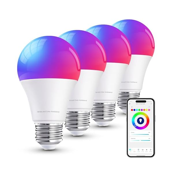 Brizled Smart Light Bulbs, Color Changing Light Bulb, RGBWW LED Light Bulbs App Control, E26 A19 Dimmable Smart Bulb Work with Alexa Google Home, 2.4Ghz WiFi Light Bulb, Music Sync, 9W, 806 LM, 4 Pack
