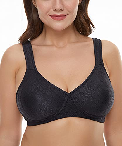 Image of Wingslove Women's Front Closure Minimizer Bra Full Coverage Wirefree Comfort Plus Size Racerback Jacquard Non Padded (Black,48DDD)