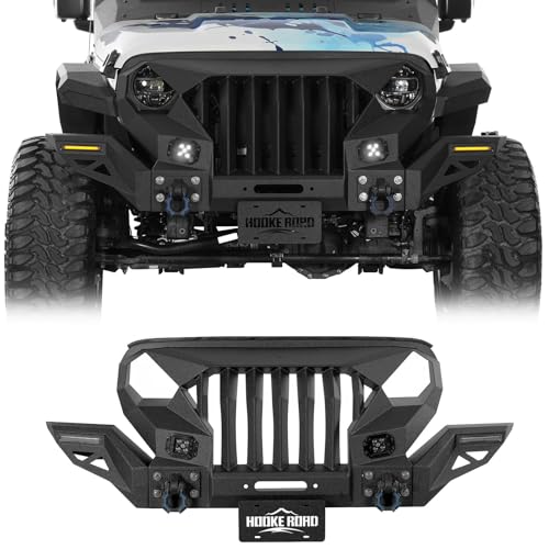 Image of Hooke Road Gladiator Front Bumper Grille (with Wings) for 2018-2026 Jeep Wrangler JL & Gladiator JT, Aggressive Offroad Bumper Include Winch Plate, D-Rings, DRL Lights