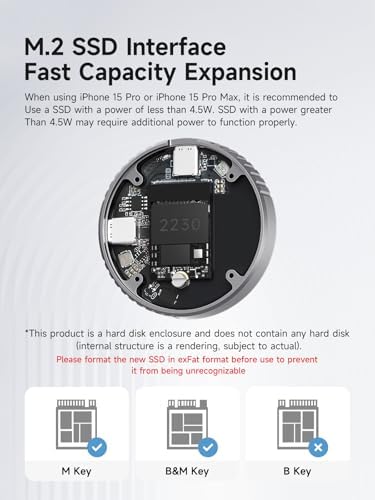 Hagibis Carcasa magnética M.2 2230 NVMe SSD con Magsafe para iPhone 16 15 Pro Max ProRes, adaptador USB C 3.2 Gen2 de 10 Gbps a NVMe, funda externa de aluminio SSD para MacBook, iPad Pro, Android