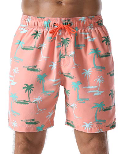 Nonwe Men's Beachwear Coconut Palm Printed Hawaiian Soft Washed Swim Trunks Pink 36 #TOP1