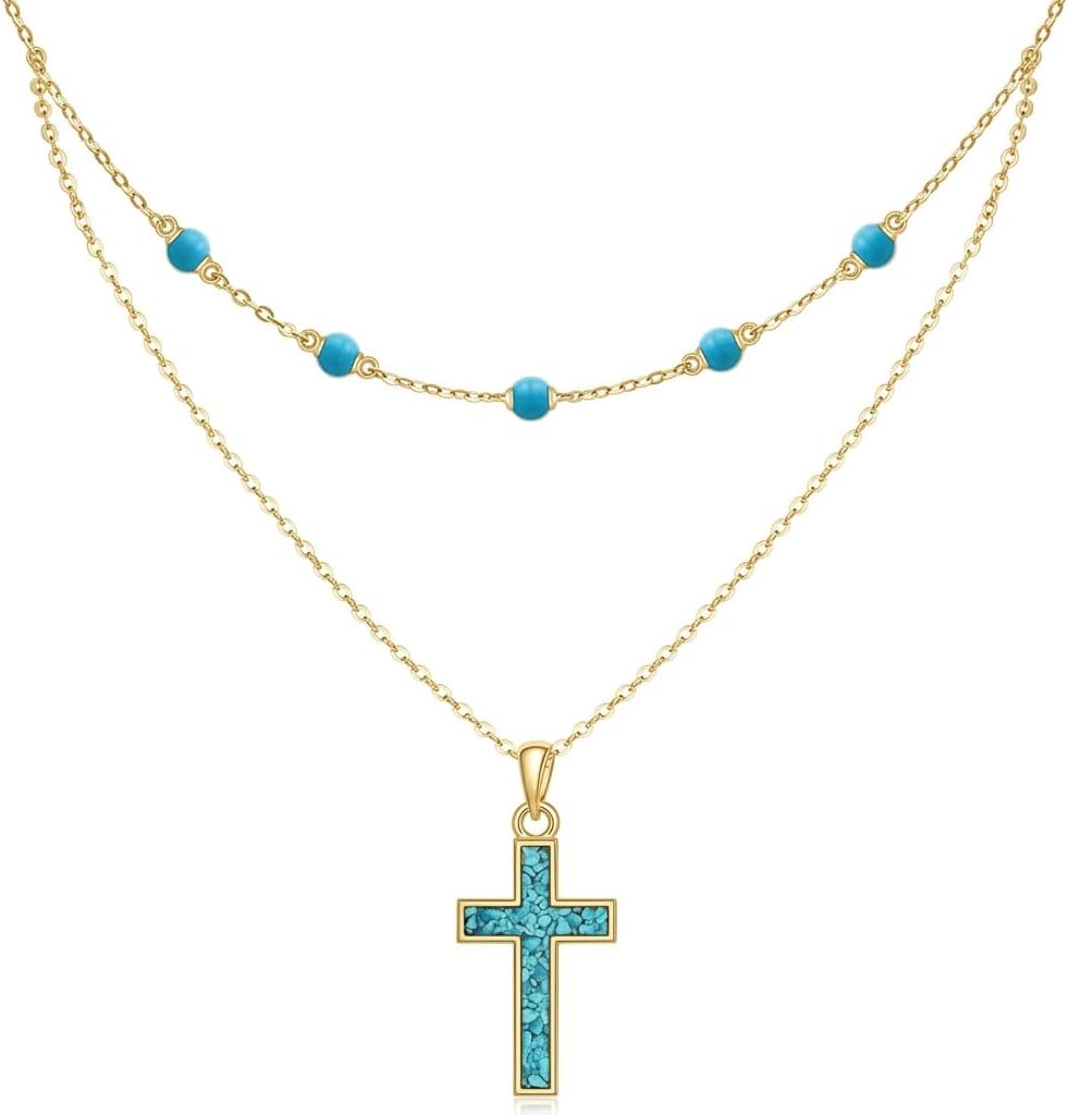 Turquoise Cross Necklace for Women S925 Sterling Silver Beaded Layered Pendant Turquoise Jewelry Gift