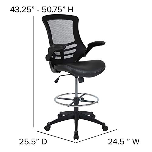 Flash Furniture Kelista Mid-Back Black Mesh Ergonomic Drafting Chair With Leathersoft Seat, Adjustable Foot Ring And Flip-Up Arms #TOP2