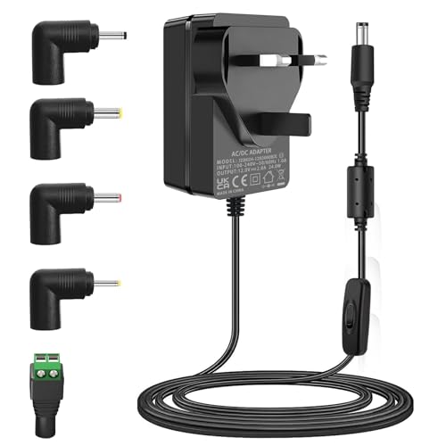 12V 2A Power Supply Adapter, AC 100-240V to DC 12Volt 24W Converter, for 12 Volt 100mA-2000mA LED Strip, CCTV Camera, Router, Speaker, TV Box. with 5.5x2.5mm Tip and 5 Interchangeable Plugs.