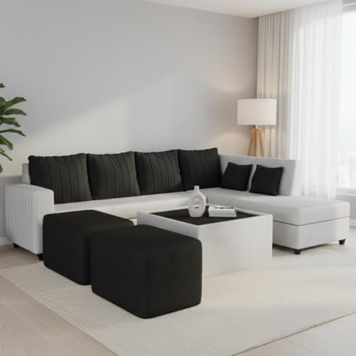 Image of CASASTYLE Stylano 8 Seater Fabric RHS L Shape Sofa Set with 1 Centre Table & 2 Ottoman (Black-Light Grey) 8-Person Seating with Premium Velvet Finish