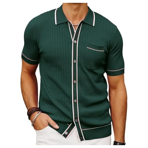 PJ PAUL JONES Camisas polo masculinas vintage retrô de manga curta com botão para férias, Verde, G