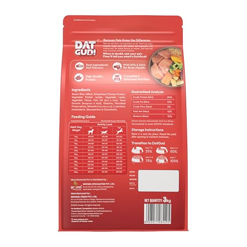Image of DatGud Adult Dry Dog Food, Chicken & Brown Rice, 6 kg(3 kg + 3 kg Free) | Complete & Balanced Nutrition | Weight Management Support | Glucosamine for Joints | Easy Digestion | Healthy Skin & Coat