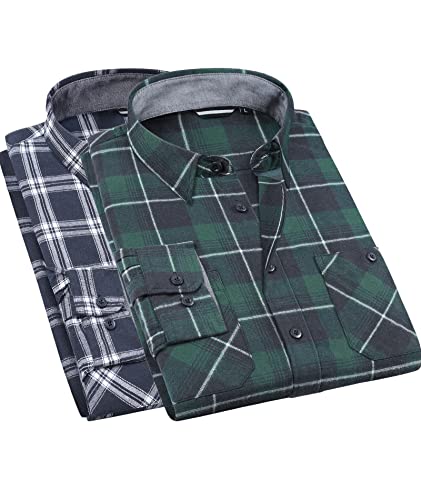 Deer Lady Mens Button Down Regular Fit Long Sleeve Plaid Flannel Casual Shirts Green Navy XL