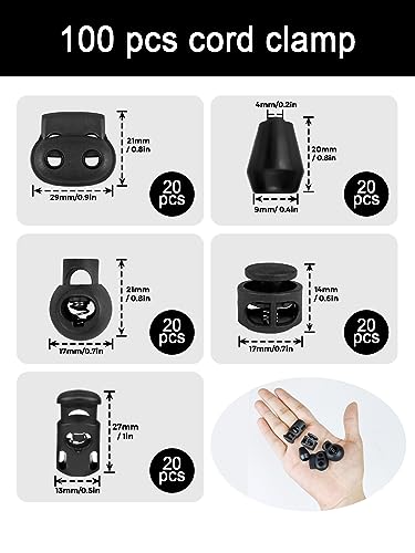 Sinofort 100Pcs Toggles for Drawstrings 5 Styles Toggles for Cord Locks Spring Toggle Drawstring Toggle With 3mm*4m Black Spring Rope for Shoelaces Clothing Backpack - Image 2